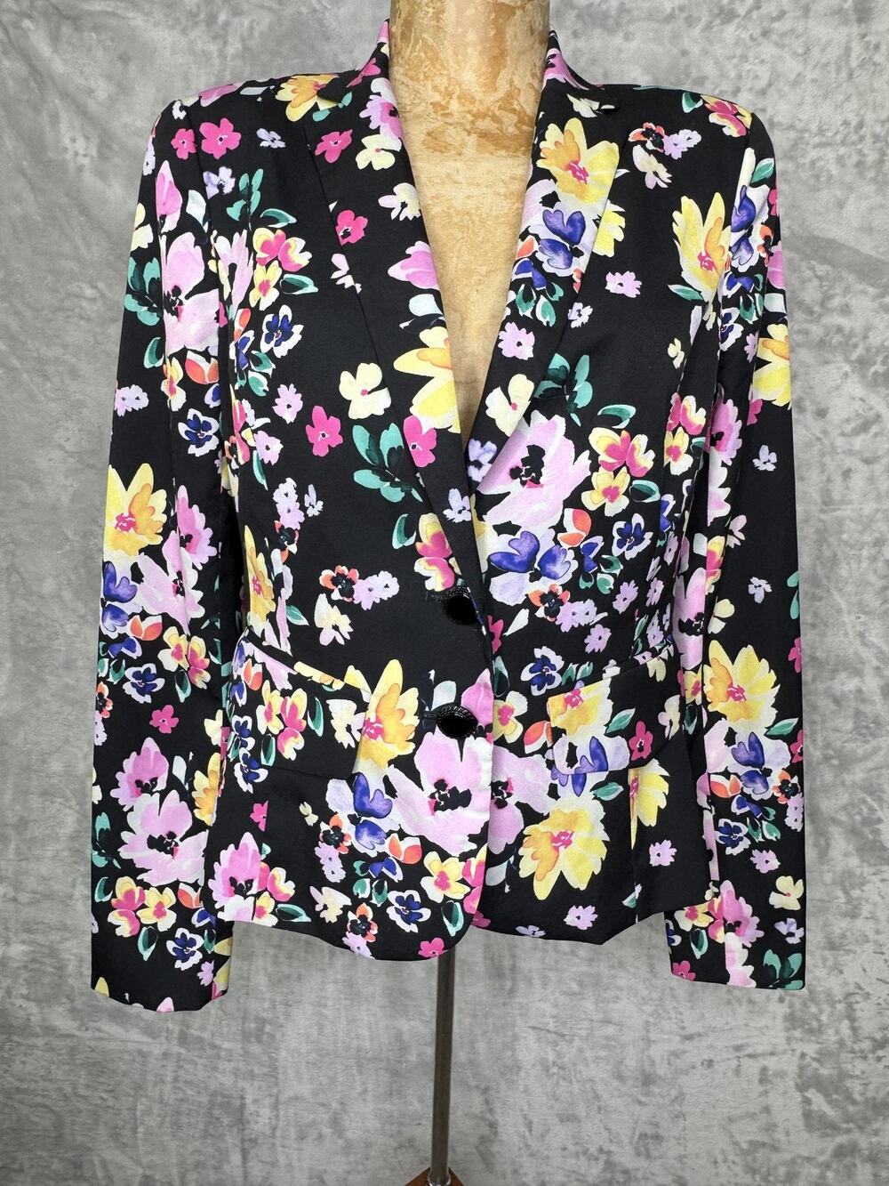 CeCe Blazer Womens 8 Black Multicolor Floral Two Button Lined Jacket Career